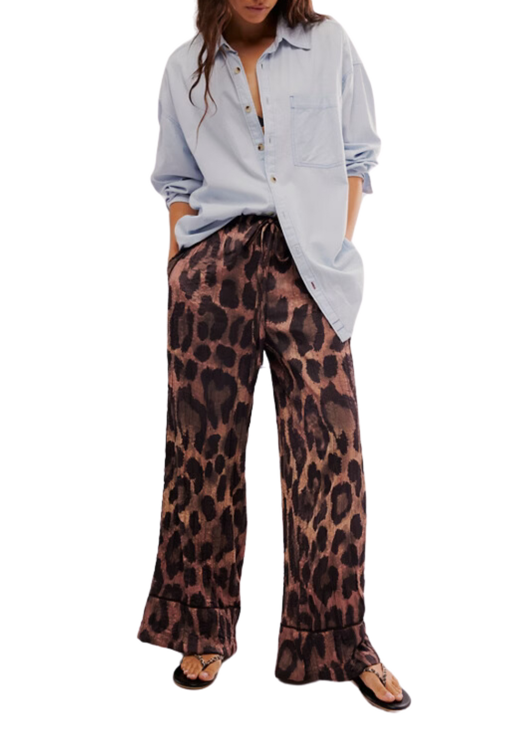 wide leg drawstring leopard print pants