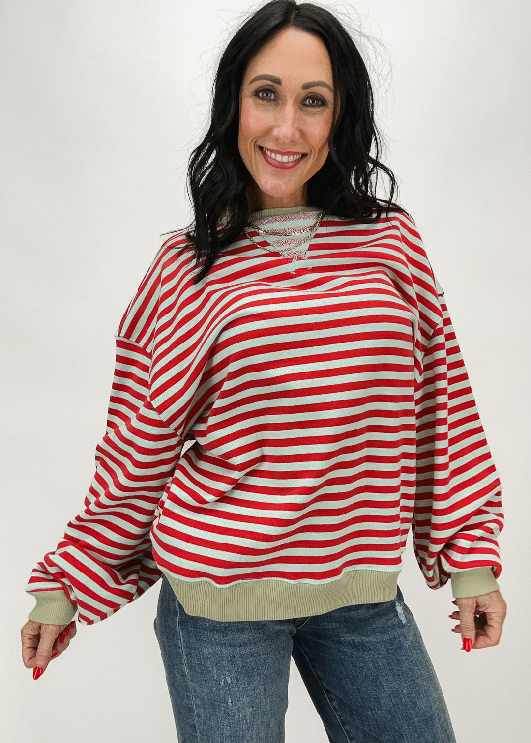 Free People Classic Striped Oversized Crewneck - Cherry Combo