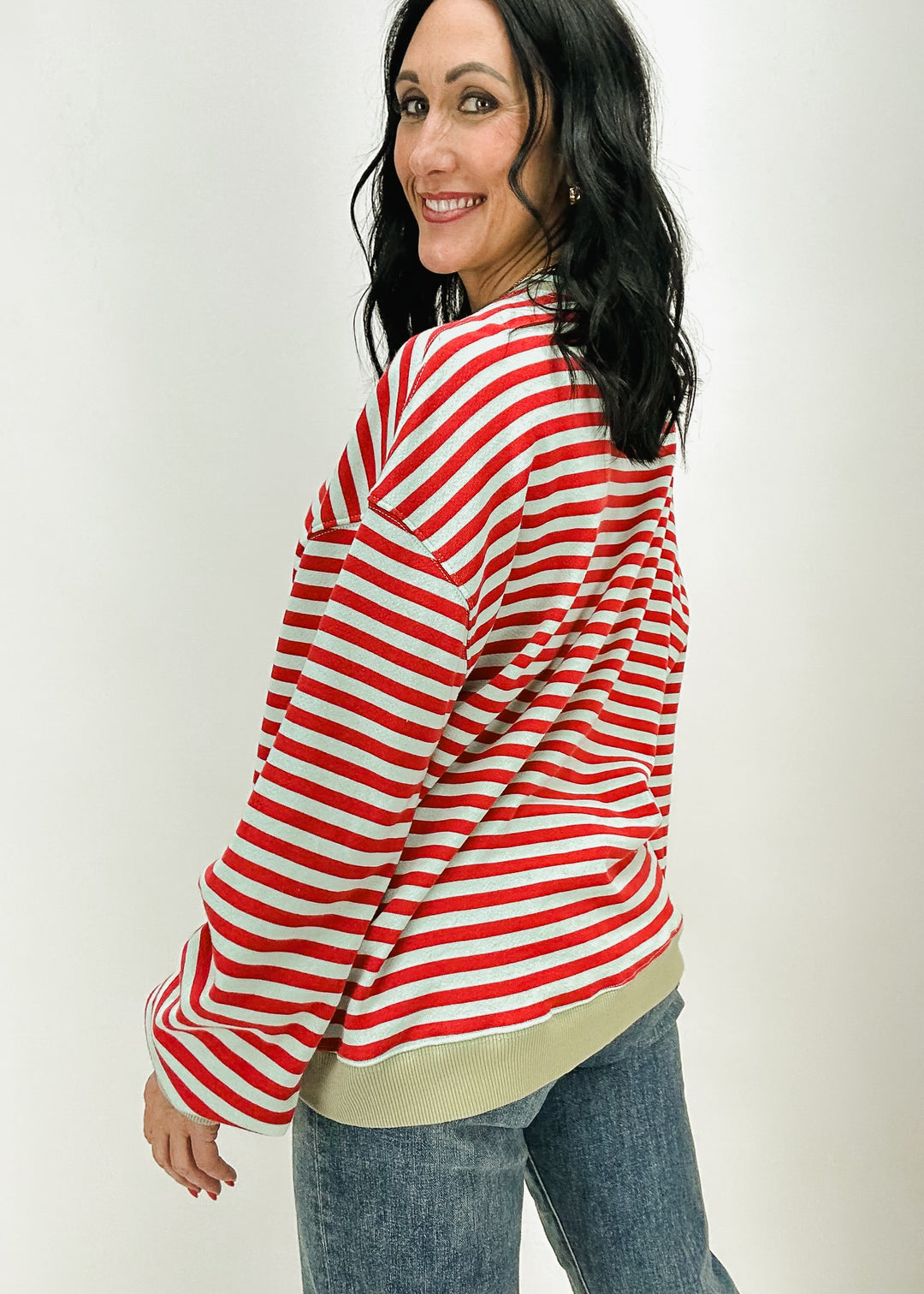 Free People Classic Striped Oversized Crewneck - Cherry Combo