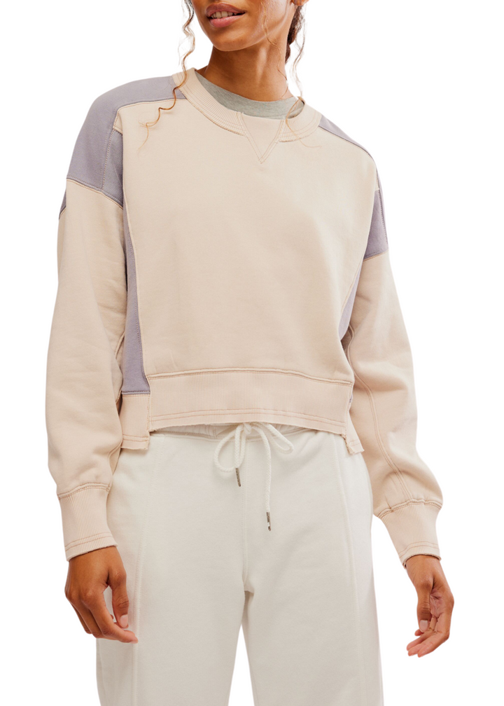 light pink and light lavender purple cropped crew neck pullover sweatshirt