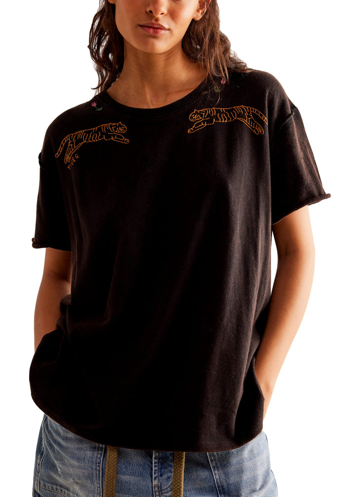 dark washed black short sleeve roll cuff tee with embroidered roses and tigers on chest