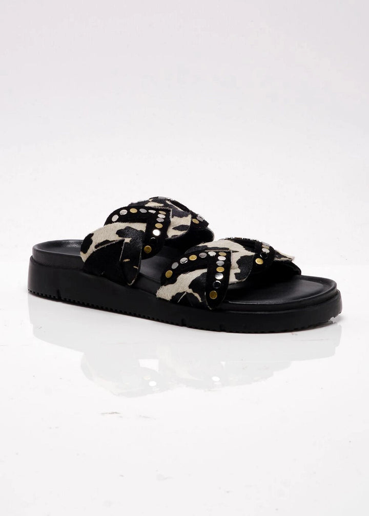 faux cow hide 2 strap sandals with gold, silver, and gunmetal details