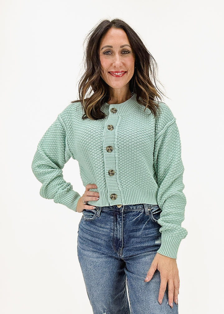 A woman wearing the Free People Lila Cropped Button-Up Cardi in Harbor Grey, featuring a button-up front and textured knit pattern.