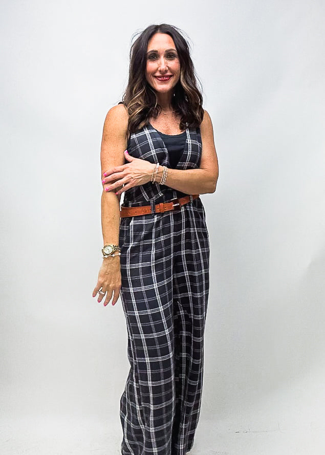 black and white plaid women's plunge neck overall jumpsuit with belt loops