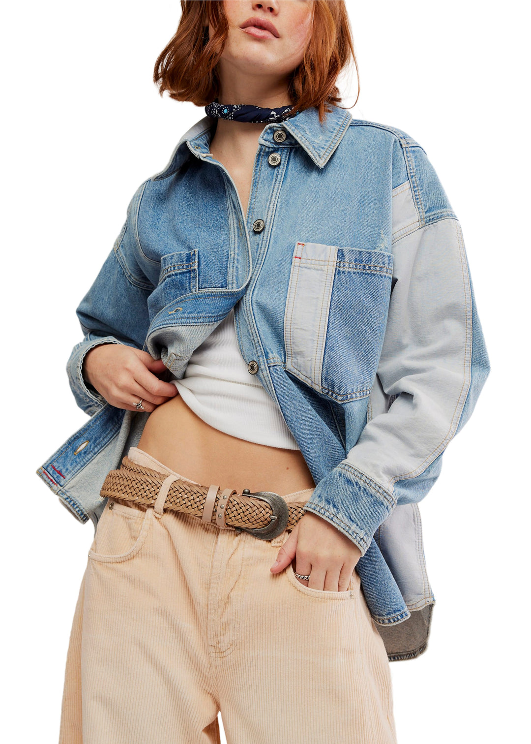 Collared button down denim shirt jacket with mixed color patchwork denim with tan corduroy and brown leather belt