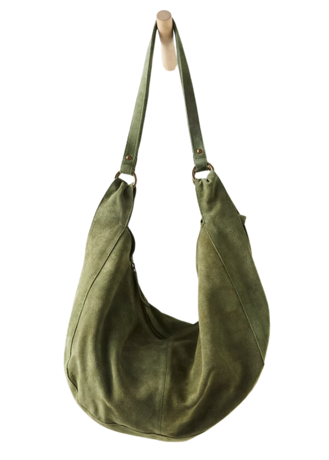 Free People Roma Suede Tote in Olive Moss, a stylish, soft suede bag with a relaxed and bohemian vibe, perfect for everyday use.