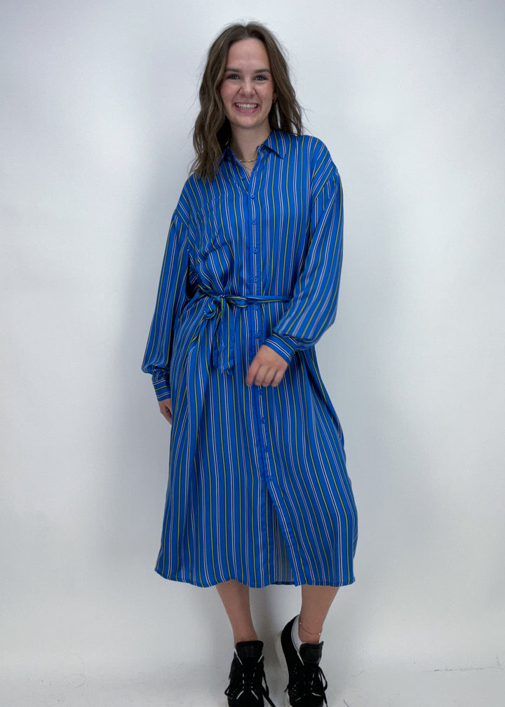 blue pinstripe collared long sleeve button down midi dress