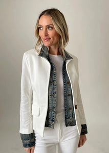 layered blazer over jean jacket