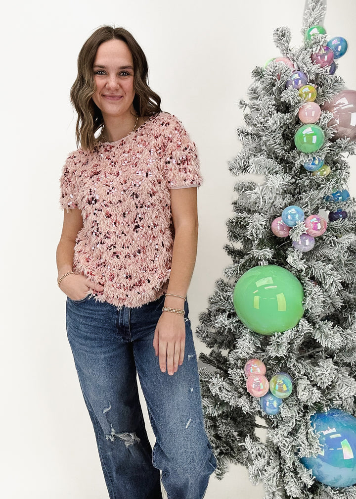 pink fuzzy short sleeve tee with pink sequin details