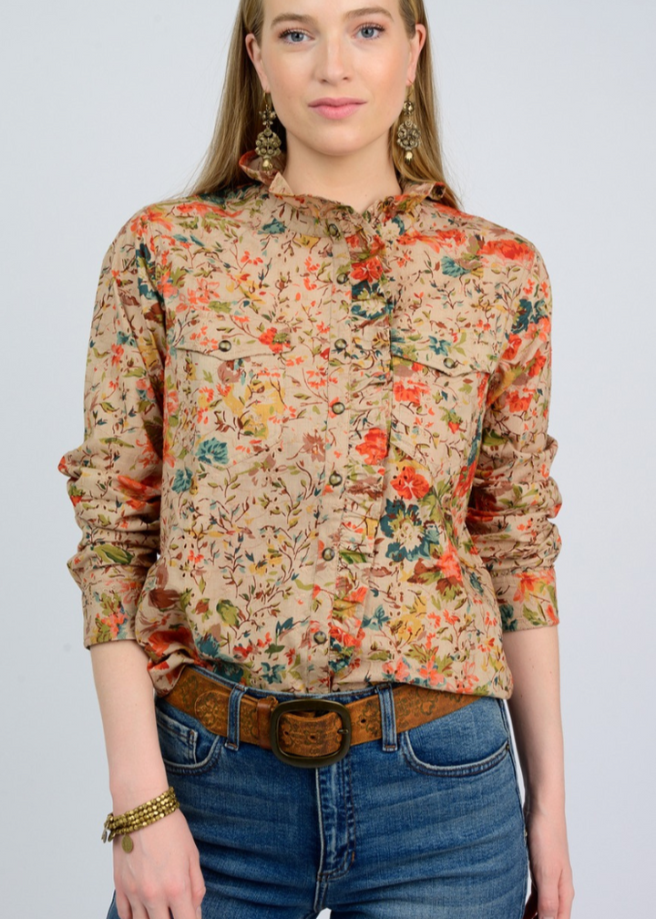 women's tan floral asymmetrical ruffle button down top