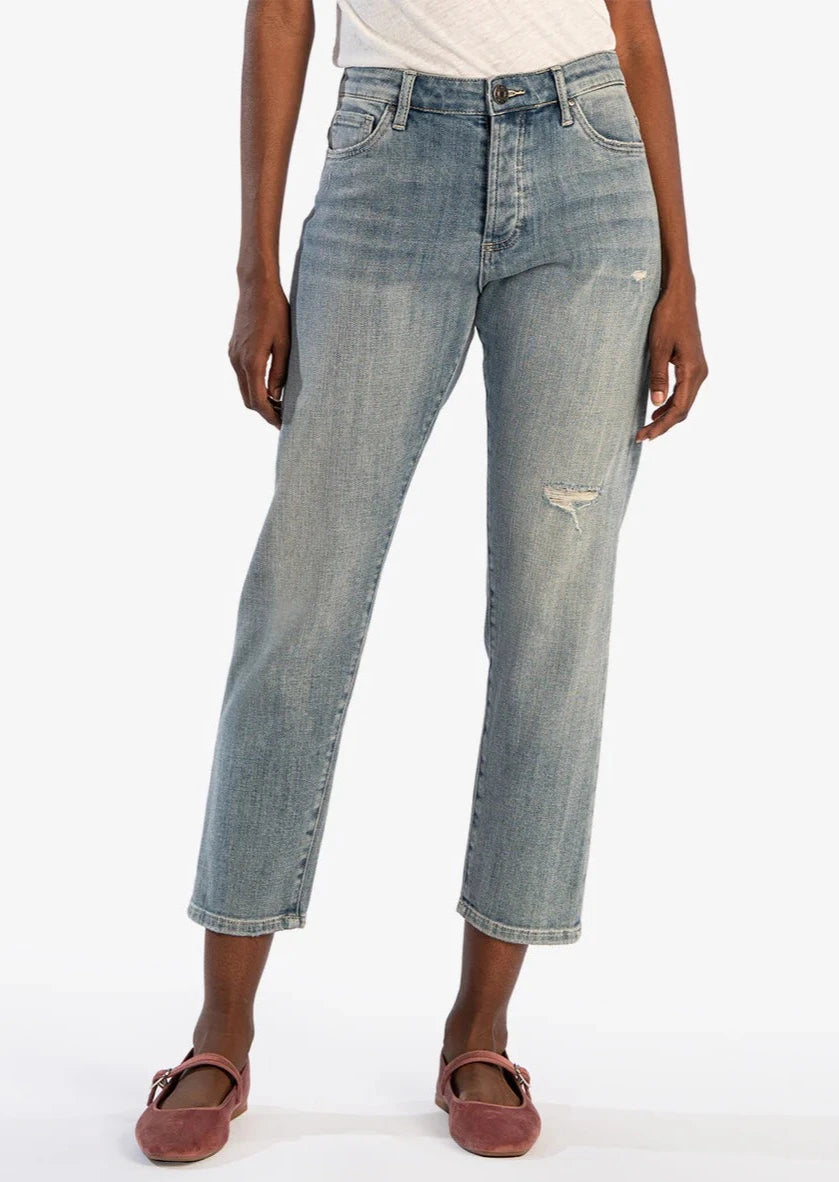 medium light wash denim slouchy boyfriend cropped jeans with minor distressing