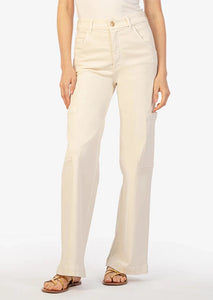 ecru wide leg cargo jeans with gold button