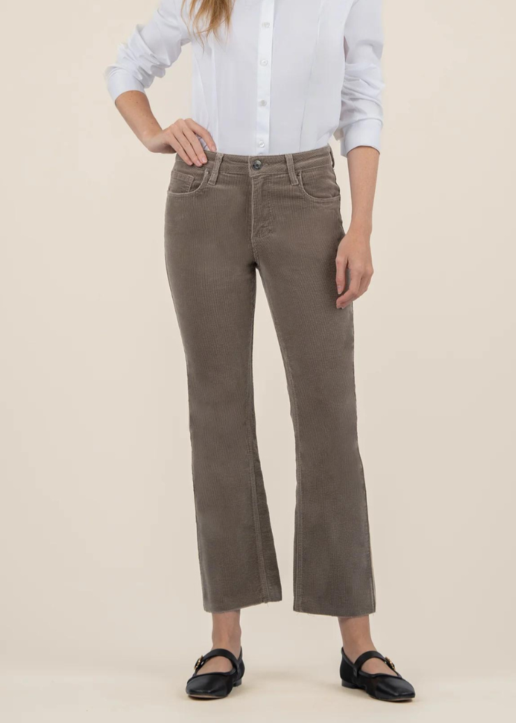 Kut Kelsey Mid Rise Ankle Flare pants in rosemary, featuring a classic corduroy design with a mid-rise fit and subtle ankle flare.