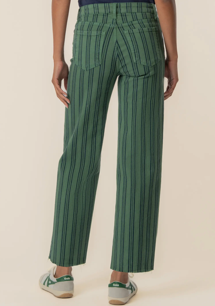A person shown from the back wearing green wide-leg cropped pants with thin dark vertical stripes, paired with light gray sneakers, against a plain beige studio background.