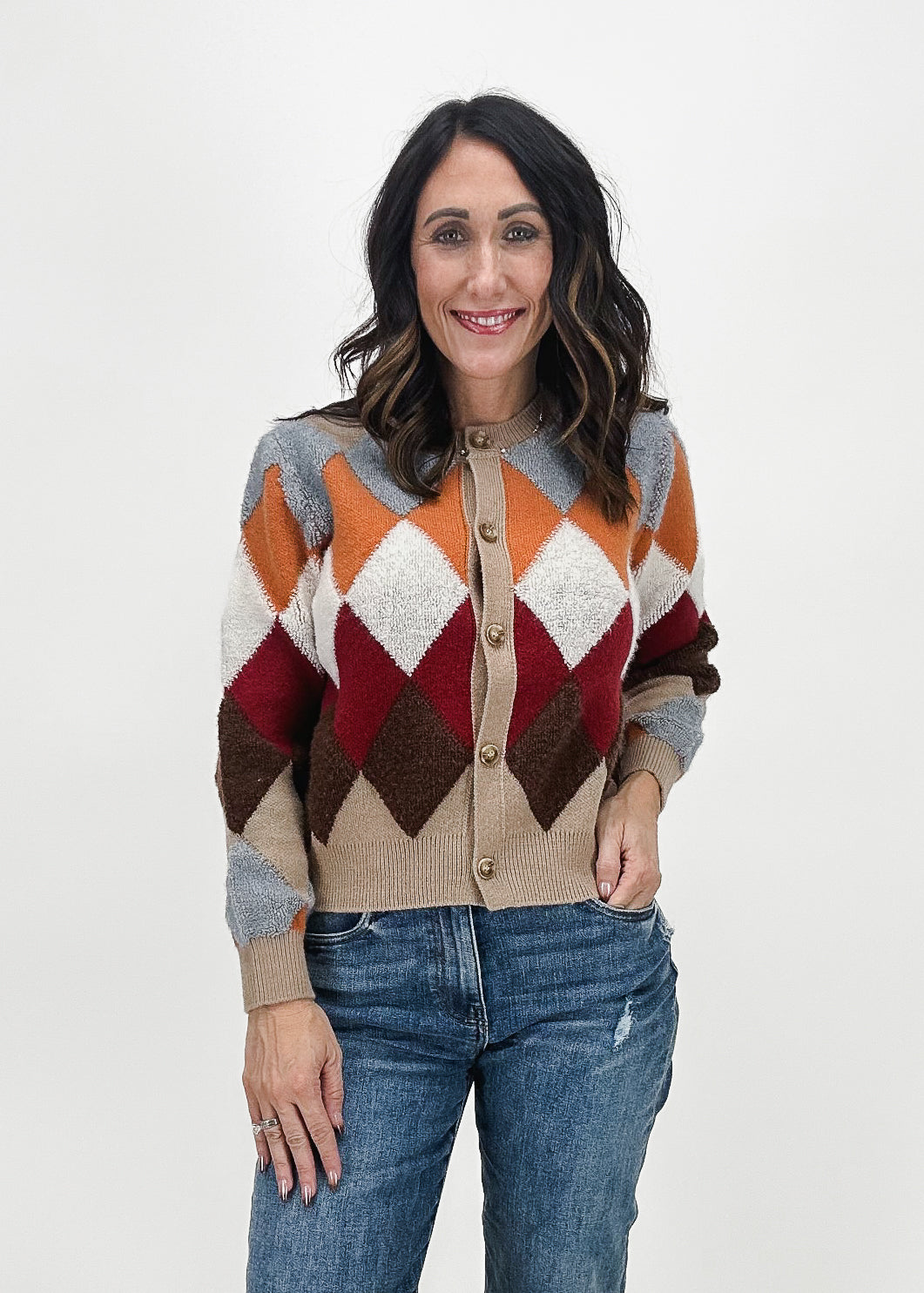 brown, burgundy, cream, tan, burnt orange, and grey argyle color block cardigan 