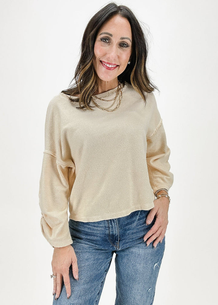 Project Social T Callie Ruched Sleeve Textured Sweatshirt in Mother of Pearl, featuring a soft textured fabric and ruched sleeves for a casual yet stylish look.