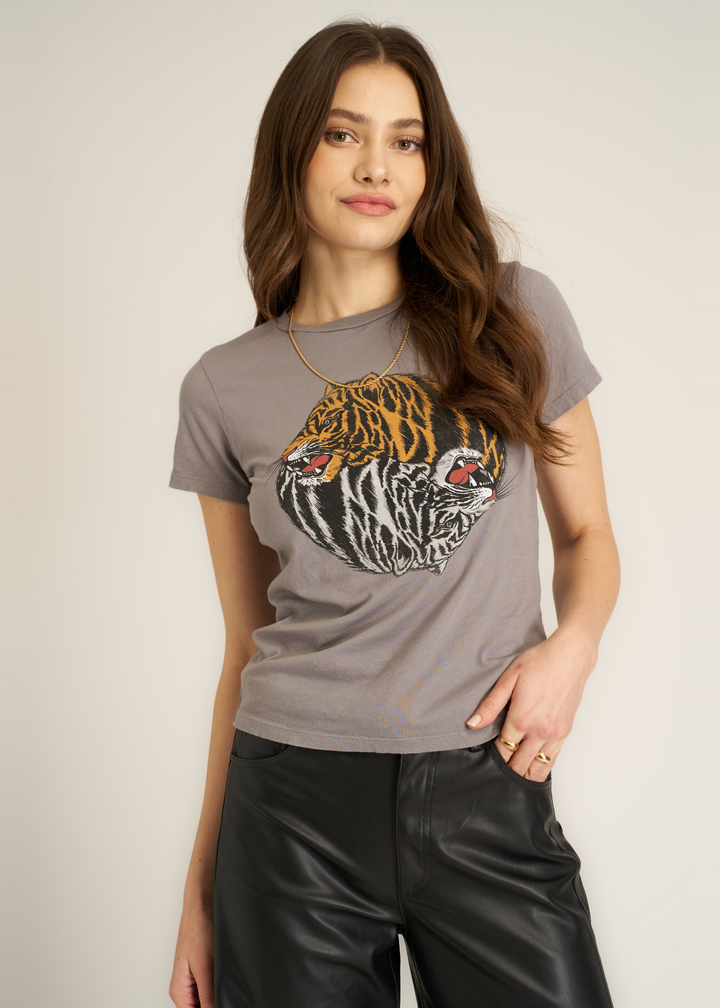 slate grey short sleeve tee shirt with yin yang tiger graphic on chest