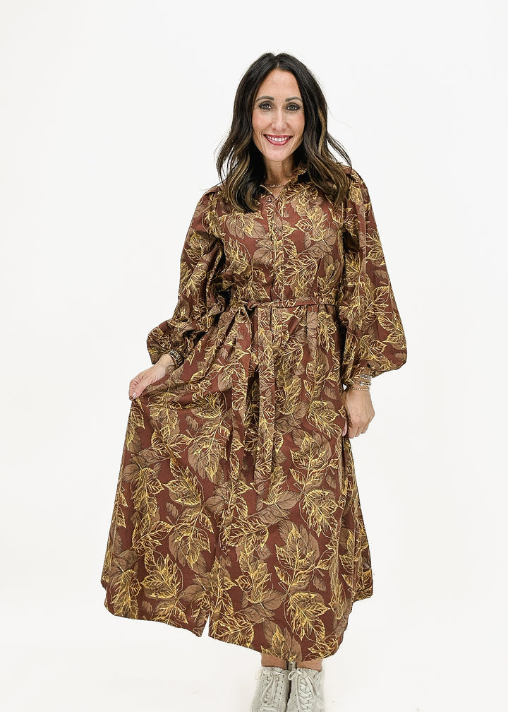 Rust floral print maxi dress with belted waist and long puff sleeves