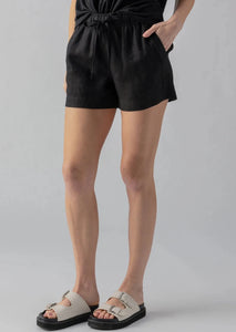 black elastic waistband drawstring linen shorts with pockets