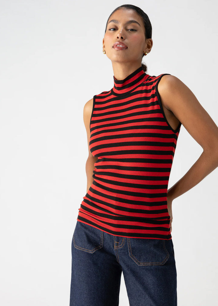 red and black stripe sleeveless ribbed mock neck top