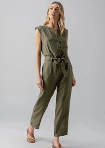 olive green cap sleeve jumpsuit with front buttons and waist tie 