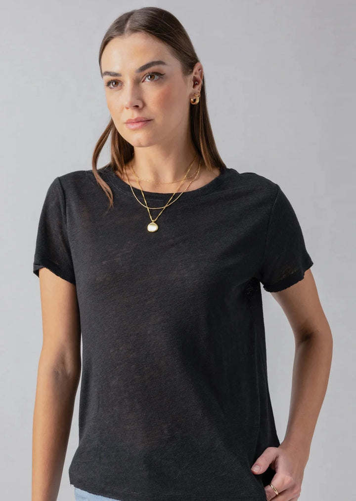 linen blend short sleeve black crew neck tee with small slits on side seams