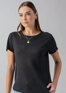 linen blend short sleeve black crew neck tee with small slits on side seams