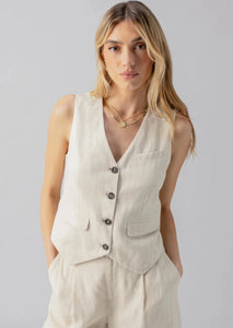 natural linen vest with subtle stripes with button front and flap poclets