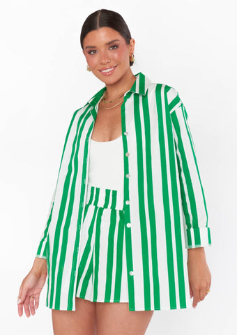 green and white stripe long sleeve button down collared shirt
