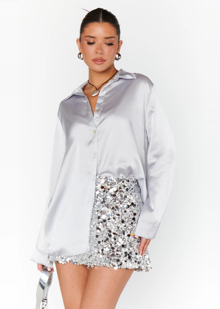 Show Me Your Mumu Smith Button Down - Silver Luxe Satin