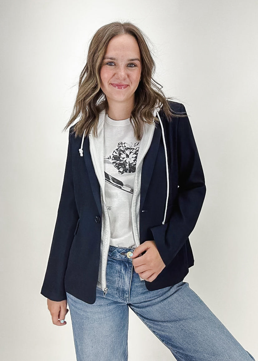 navy blue layered blazer with removable pre layered heather grey zip up hoodie