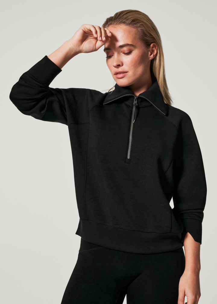 spanx black half zip long sleeve collared sweatshirt