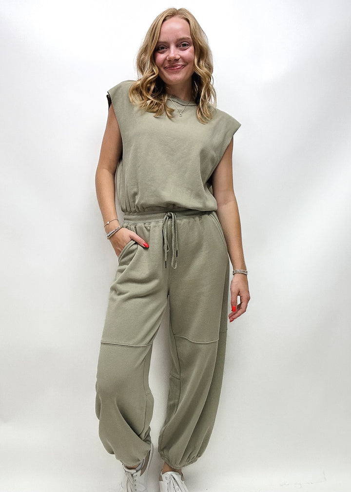 artichoke green taupe muscle tank jogger jumpsuit with drawstring waist and keyhole back