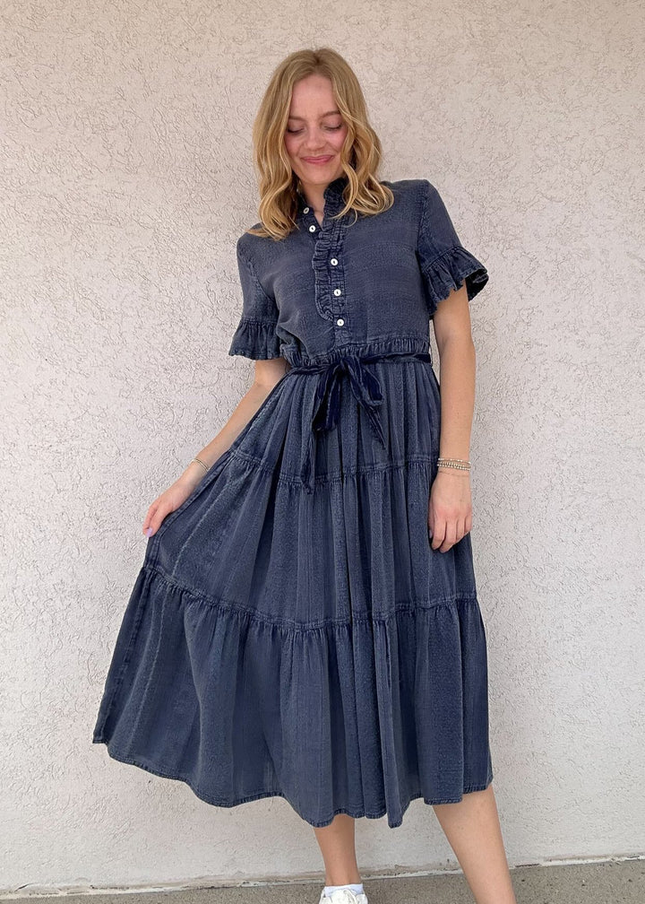 indigo washed gauzy tiered skirt ruffle sleeve belted midi dress