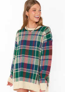 holiday green and red plaid sweater with cream hem, cuff, and collar details from Show Me Your Mumu
