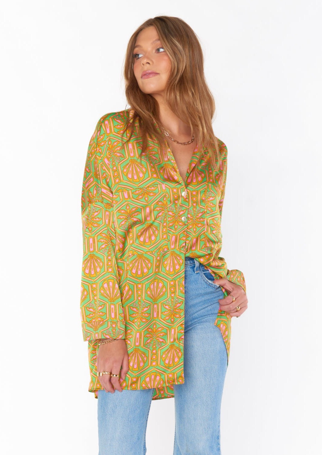 green sating button down top with pink nd orange art deco all tree print