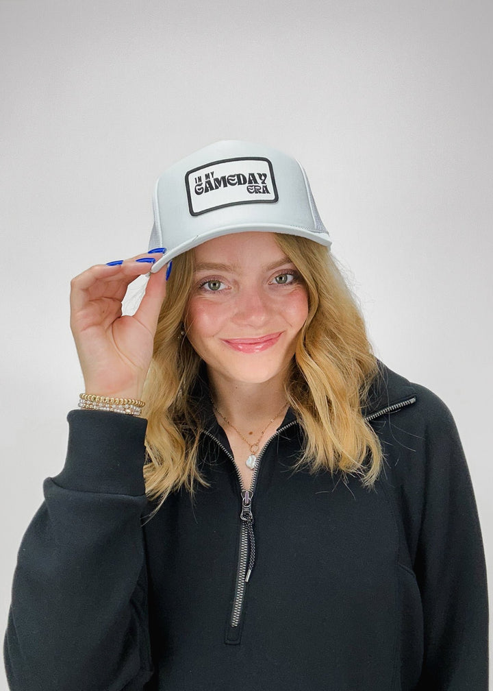 white snap back trucker hat with "in my gameday era" patch on front