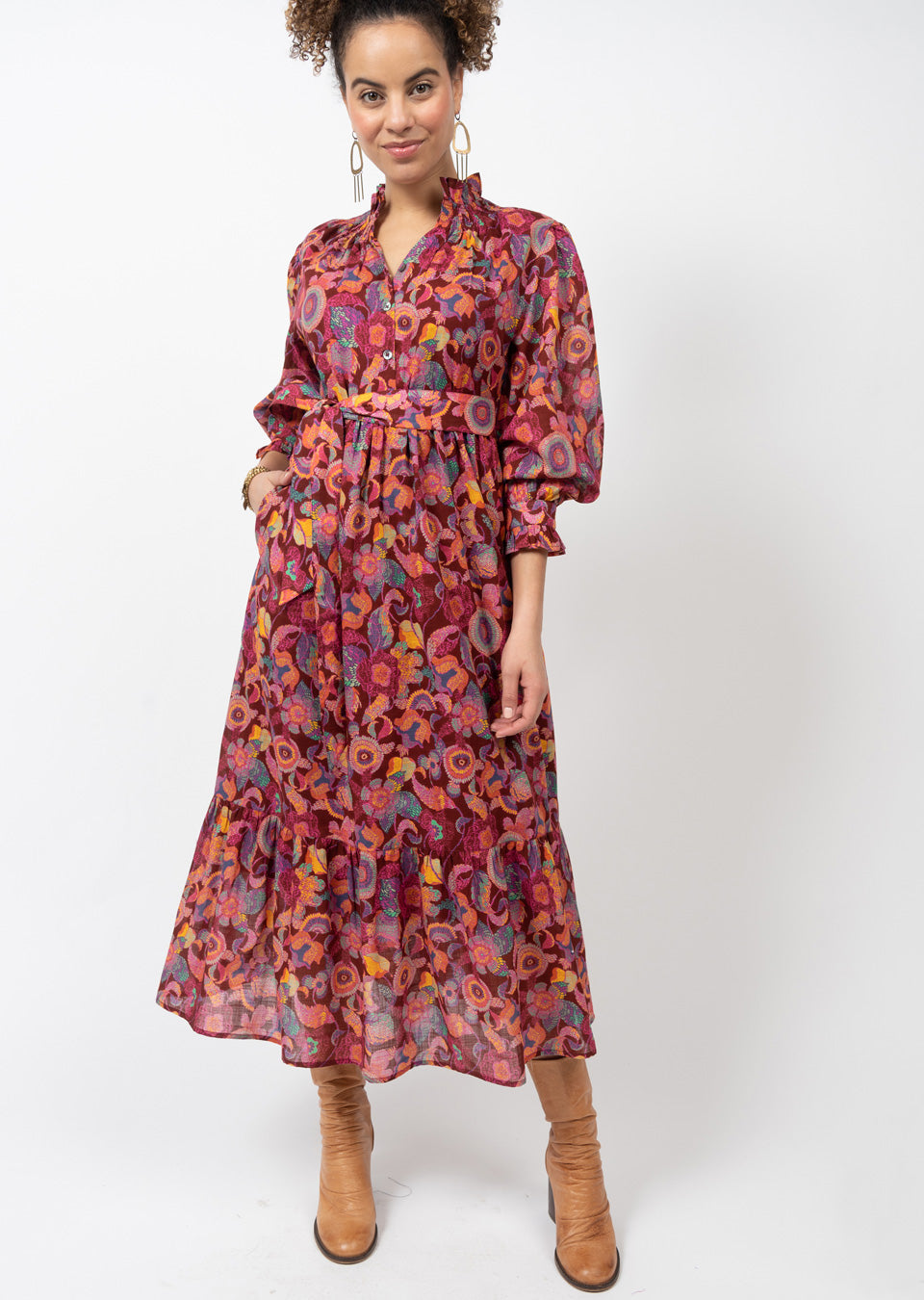 rust and yellow floral patterned ruffle collar puff sleeve belted midi dress