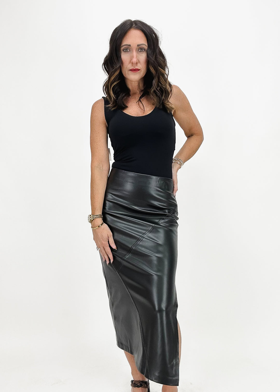 Star Crossed Faux Leather Midi Skirt - Black