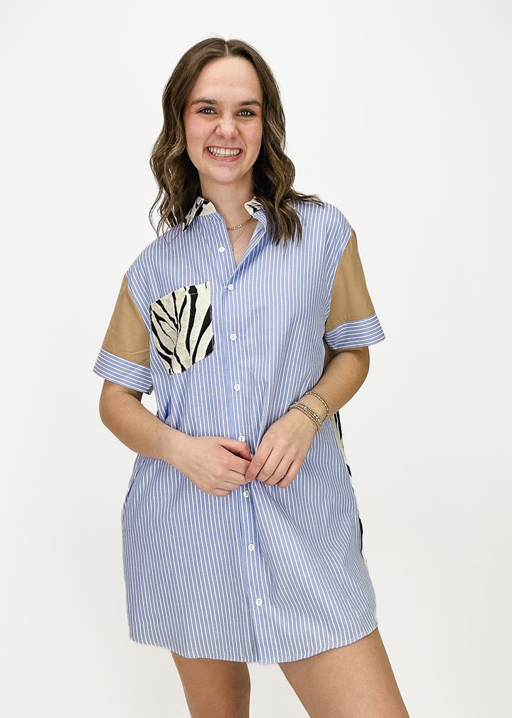 Blue and white stripe button down mini dress with tan sleeve details and zebra print chest pocket and collar