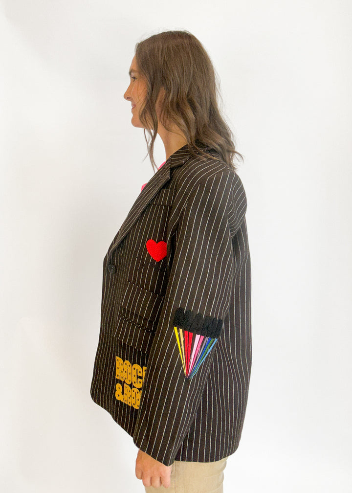Tiffany Pinstripe Patch Blazer - Dark Brown