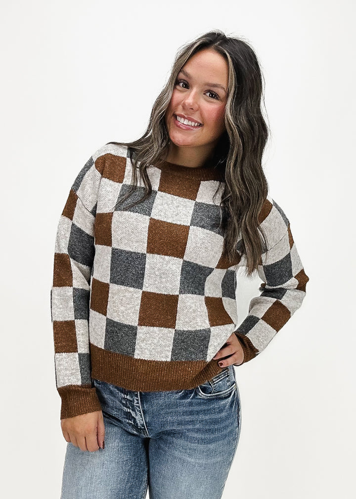 Ava Checkered Crew Neck Sweater