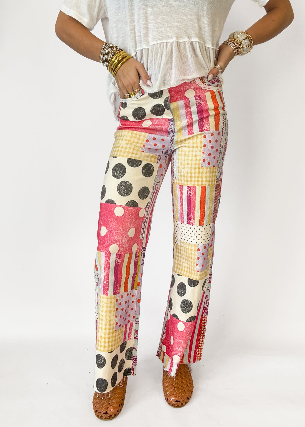 womens multicolored patchwork wide leg jeans