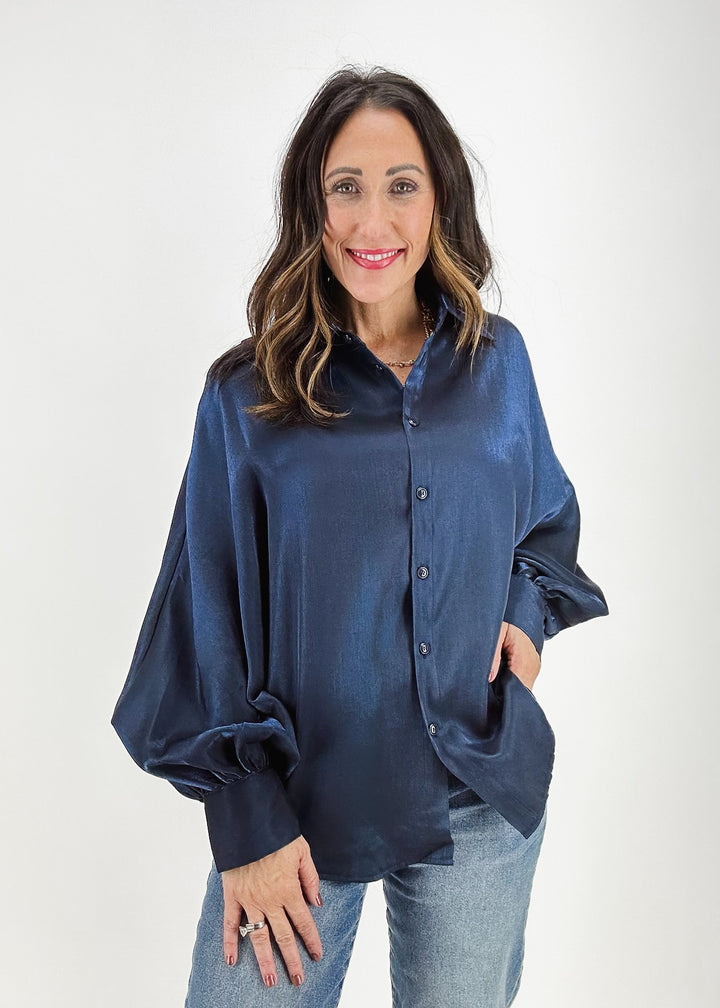 women's satin navy collared button down top with balloon sleeves