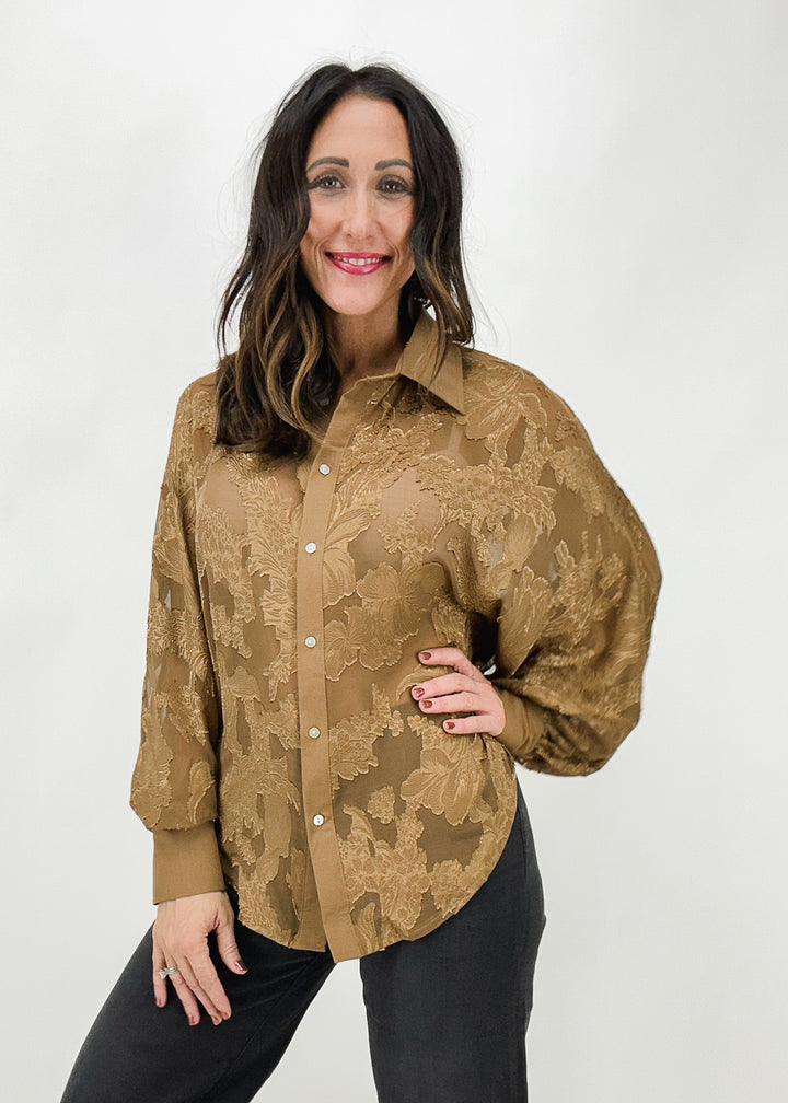 textured floral brown women's collared button down top with balloon sleeves