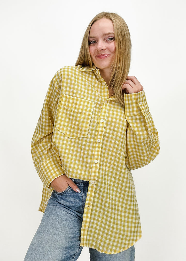 gold and white checker collared long sleeve button down shirt