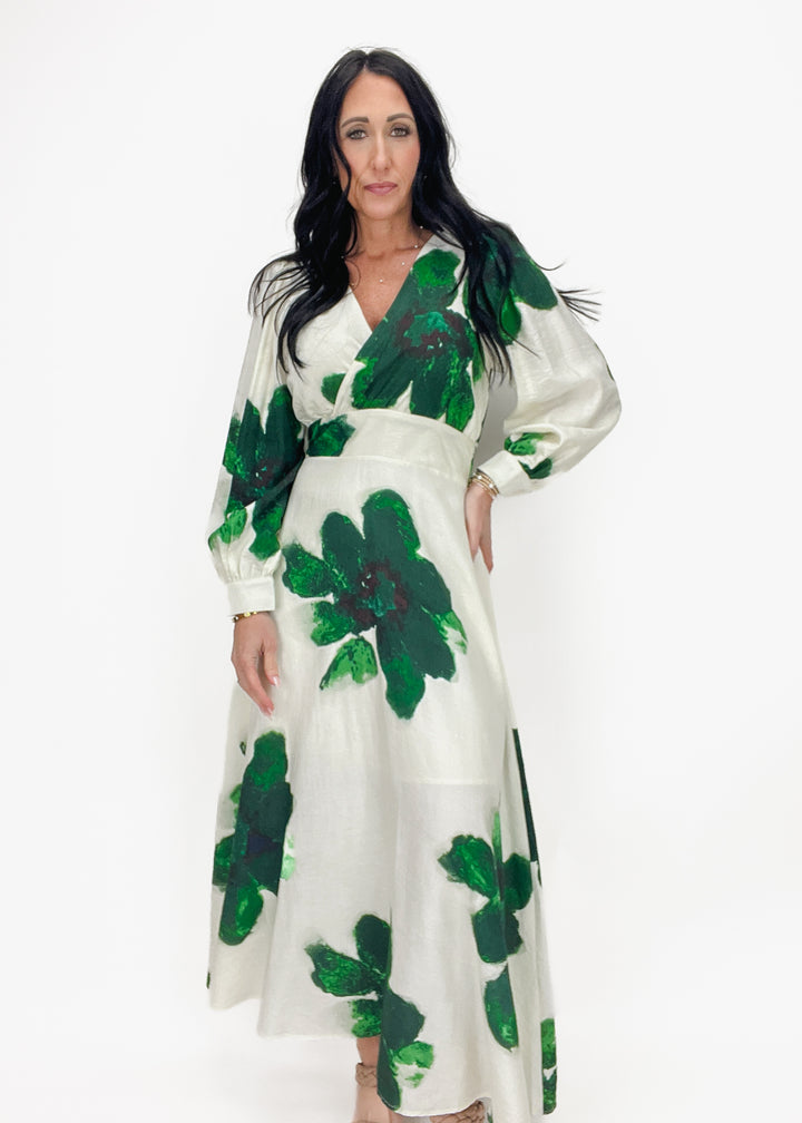 cream and green watercolor floral print wrap front long sleeve midi dress