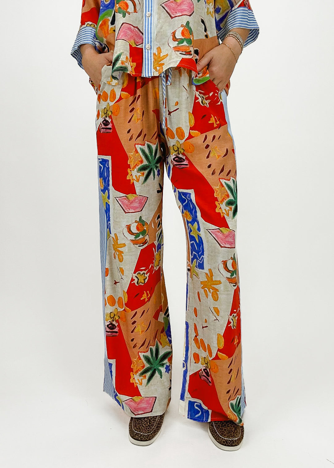 women's abstract floral kitchen print wide leg drawstring resort pants