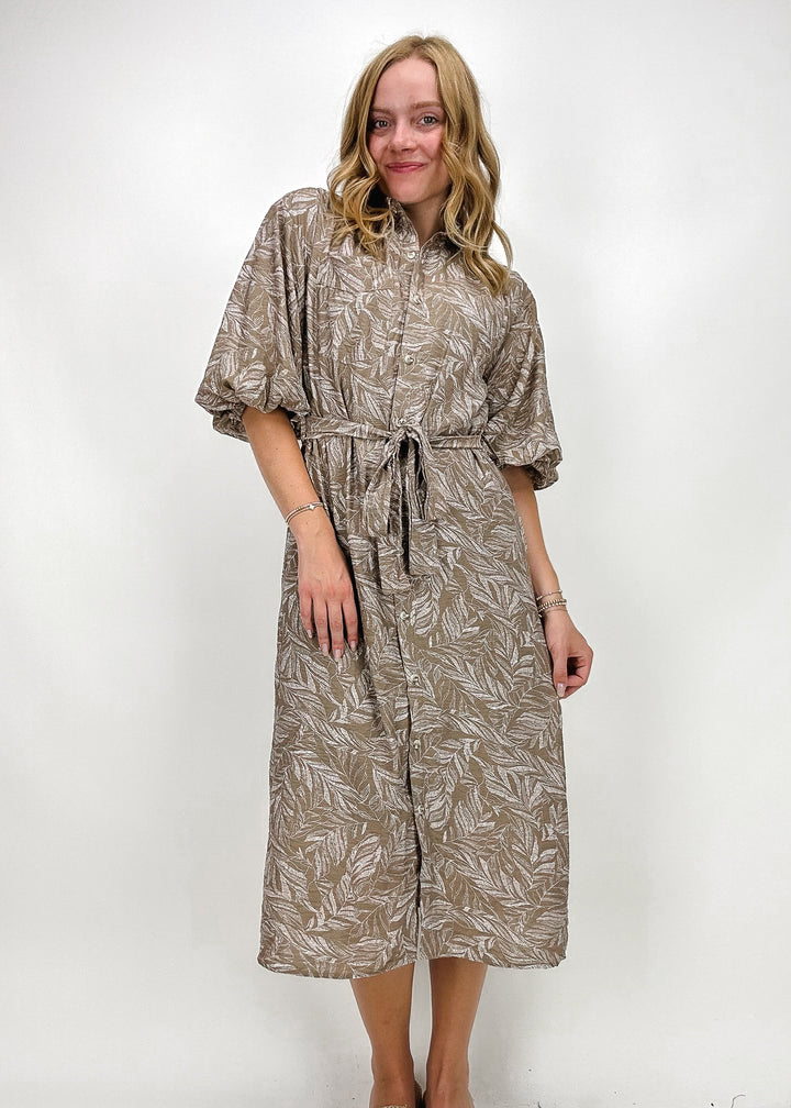 Mocha and White leaf print midi dress with puff sleeves, a tie waist, and a ruffle collar