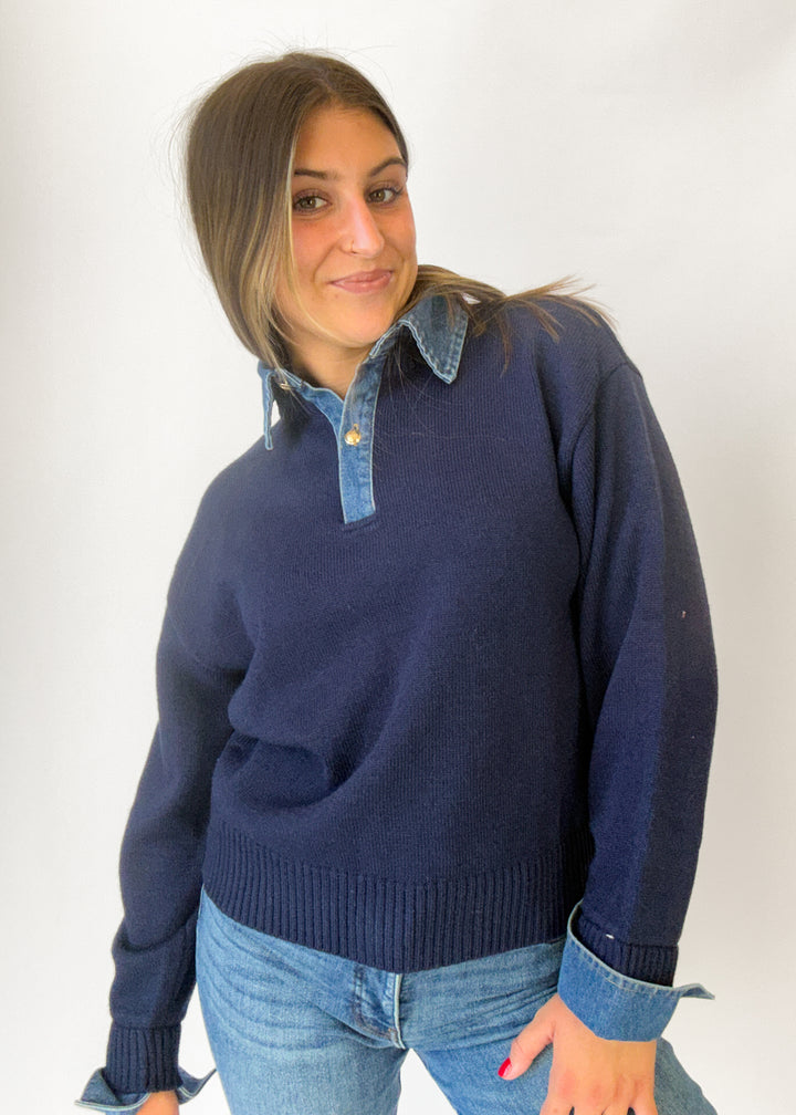 Elan Riley Denim Collared Top